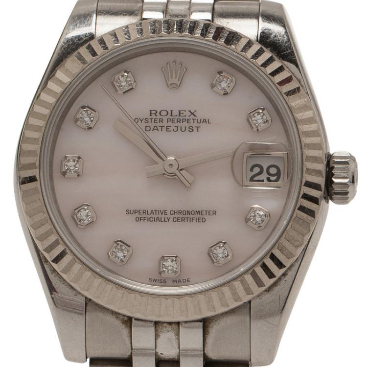 Pre Owned Rolex Mother of Pearl Stainless Steel Diamond Datejust Women's Wristwatch 31MM