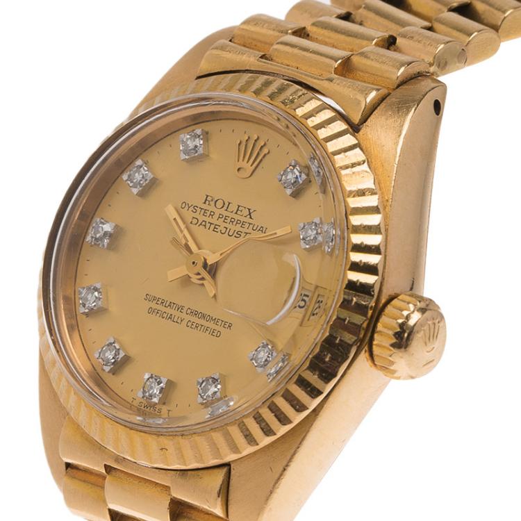 Pre Owned Rolex Champagne 18K Yellow Gold Datejust Women's Wristwatch 26MM
