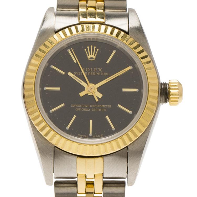 Pre Owned Rolex Black Stainless Steel and 18K Gold Datejust Women's Wristwatch 26MM