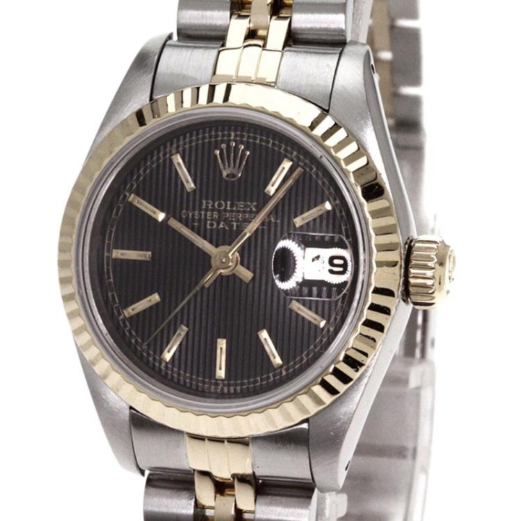 Pre Owned Rolex Black 18K Yellow Gold and Stainless Steel Datejust Women's Wristwatch 26MM