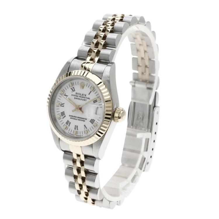 Pre Owned Rolex White 18K Yellow Gold and Stainless Steel Datejust Women's Wristwatch 26MM