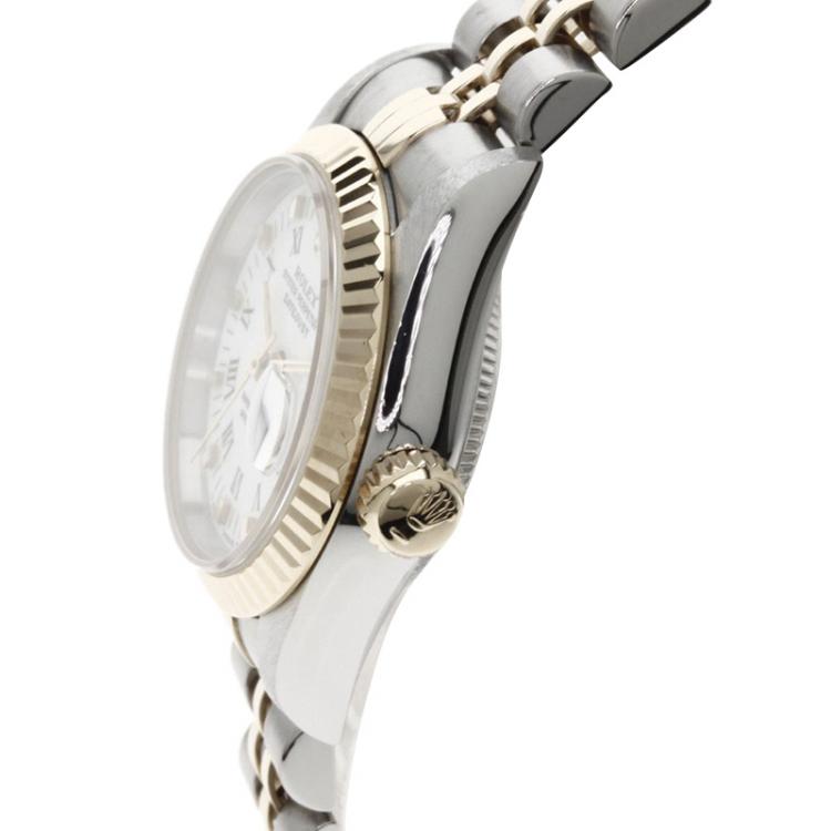 Pre Owned Rolex White 18K Yellow Gold and Stainless Steel Datejust Women's Wristwatch 26MM