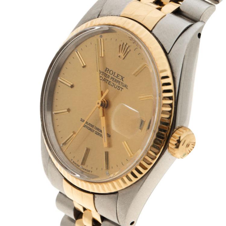 Pre Owned Rolex Champagne Stainless Steel & 18k Yellow Gold Oyster Perpetual Datejust 16013  Women's Wristwatch 36MM