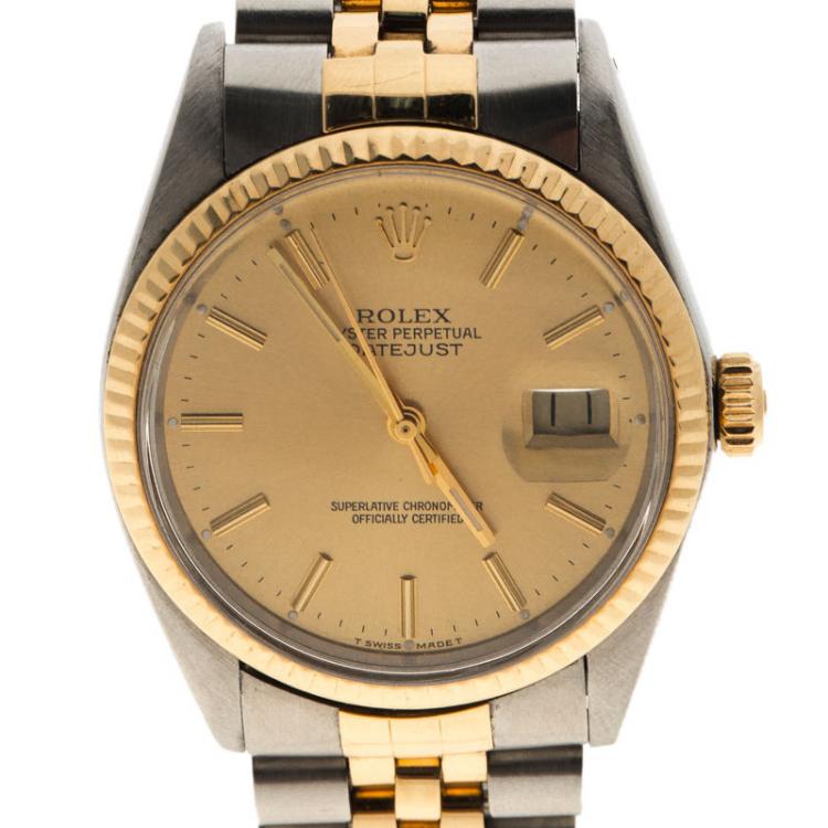 Pre Owned Rolex Champagne Stainless Steel & 18k Yellow Gold Oyster Perpetual Datejust 16013  Women's Wristwatch 36MM