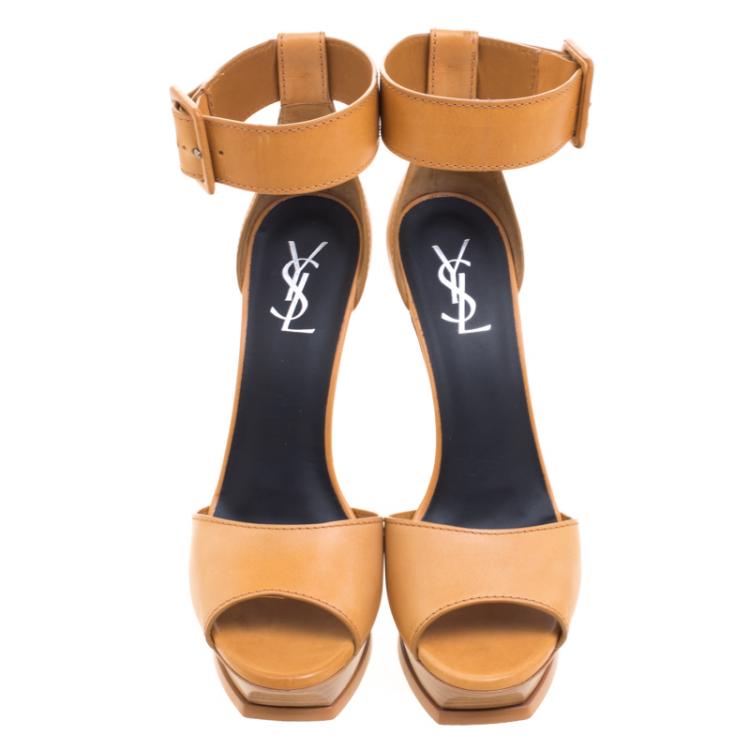 Pre Owned Saint Laurent Paris Brown Leather Ankle Strap Platform Sandals Size 40.5