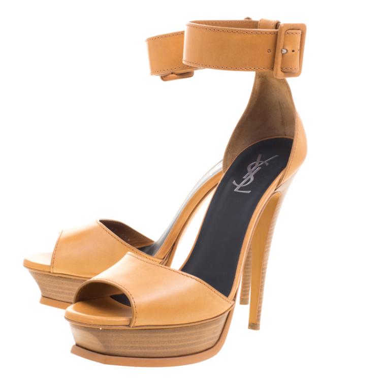 Pre Owned Saint Laurent Paris Brown Leather Ankle Strap Platform Sandals Size 40.5