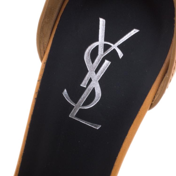 Pre Owned Saint Laurent Paris Brown Leather Ankle Strap Platform Sandals Size 40.5