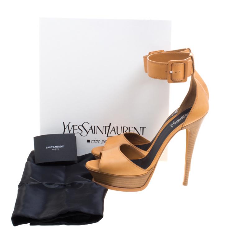 Pre Owned Saint Laurent Paris Brown Leather Ankle Strap Platform Sandals Size 40.5