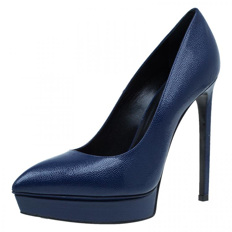 Pre Owned Saint Laurent Paris Navy Blue Textured Leather Classic Janis Platform Pumps Size 37.5