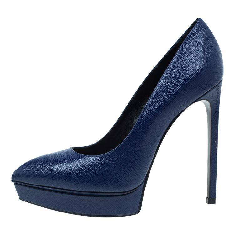 Pre Owned Saint Laurent Paris Navy Blue Textured Leather Classic Janis Platform Pumps Size 37.5