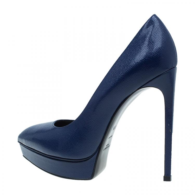 Pre Owned Saint Laurent Paris Navy Blue Textured Leather Classic Janis Platform Pumps Size 37.5