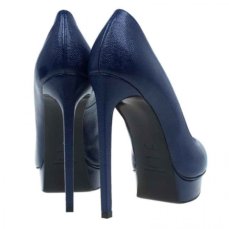 Pre Owned Saint Laurent Paris Navy Blue Textured Leather Classic Janis Platform Pumps Size 37.5