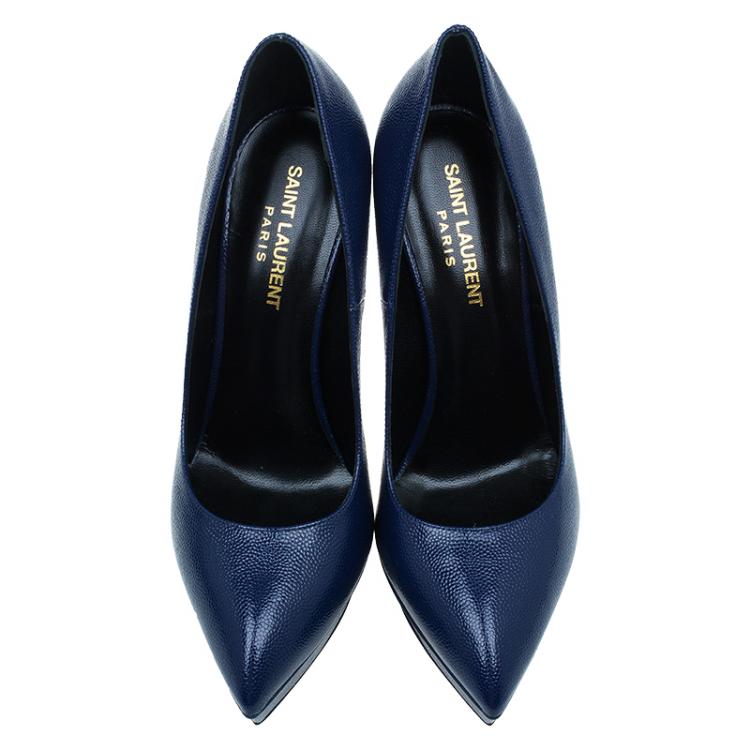 Pre Owned Saint Laurent Paris Navy Blue Textured Leather Classic Janis Platform Pumps Size 37.5