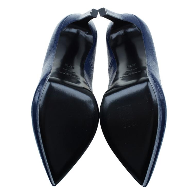 Pre Owned Saint Laurent Paris Navy Blue Textured Leather Classic Janis Platform Pumps Size 37.5