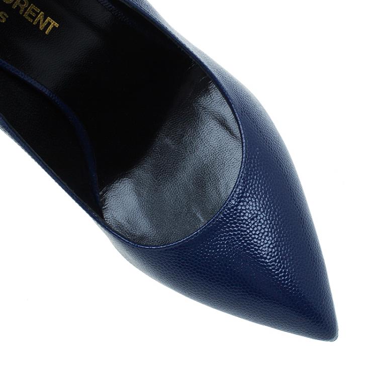 Pre Owned Saint Laurent Paris Navy Blue Textured Leather Classic Janis Platform Pumps Size 37.5