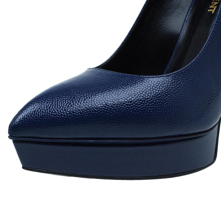 Pre Owned Saint Laurent Paris Navy Blue Textured Leather Classic Janis Platform Pumps Size 37.5