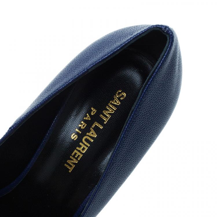 Pre Owned Saint Laurent Paris Navy Blue Textured Leather Classic Janis Platform Pumps Size 37.5