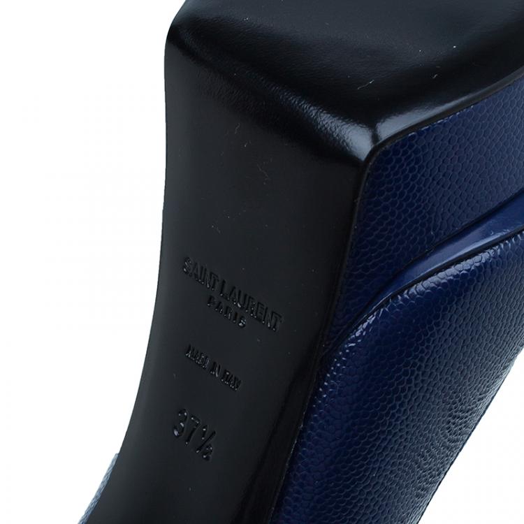 Pre Owned Saint Laurent Paris Navy Blue Textured Leather Classic Janis Platform Pumps Size 37.5