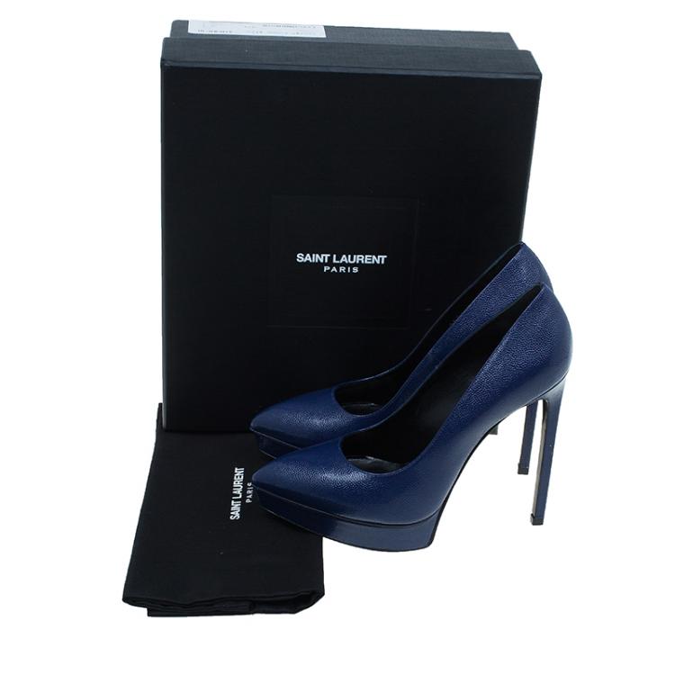Pre Owned Saint Laurent Paris Navy Blue Textured Leather Classic Janis Platform Pumps Size 37.5