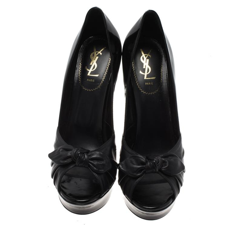 Pre Owned Saint Laurent Paris Black Patent Leather Palais B 105 Peep Toe Bow Platform Pumps Size 41