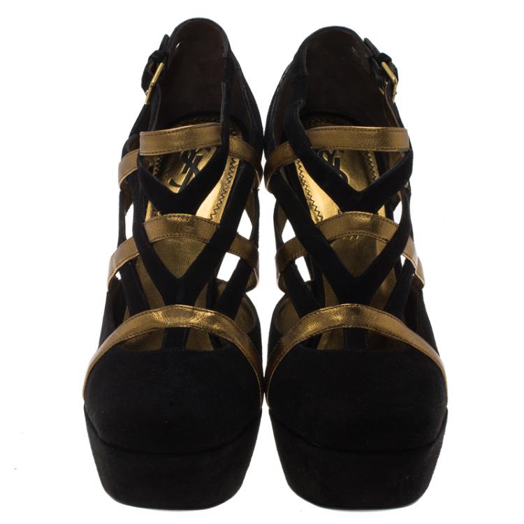 Pre Owned Saint Laurent Paris Black Suede and Gold Leather Lucy Strappy Platform Pumps Size 38.5