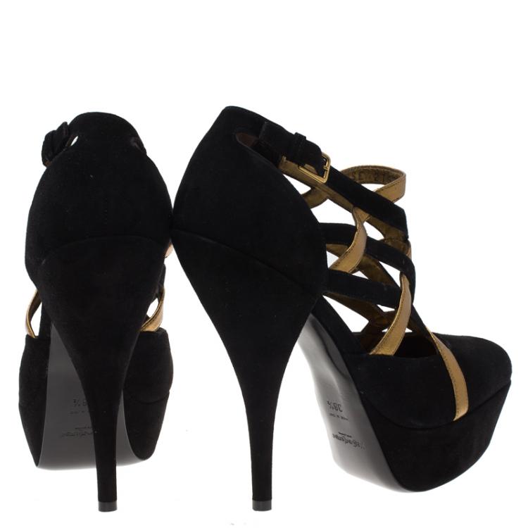 Pre Owned Saint Laurent Paris Black Suede and Gold Leather Lucy Strappy Platform Pumps Size 38.5