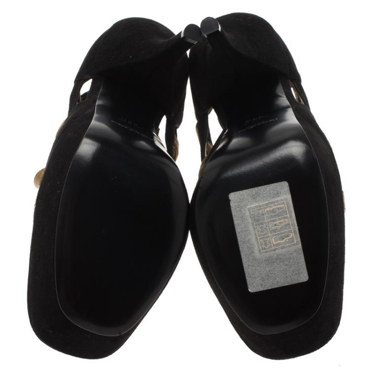 Pre Owned Saint Laurent Paris Black Suede and Gold Leather Lucy Strappy Platform Pumps Size 38.5