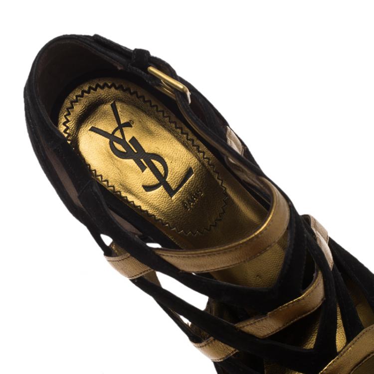 Pre Owned Saint Laurent Paris Black Suede and Gold Leather Lucy Strappy Platform Pumps Size 38.5