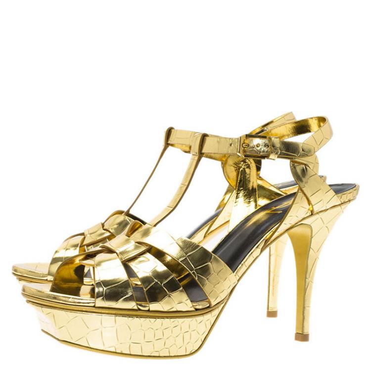 Pre Owned Saint Laurent Paris Gold Croc Embossed Leather Tribute Platform Sandals Size 39.5