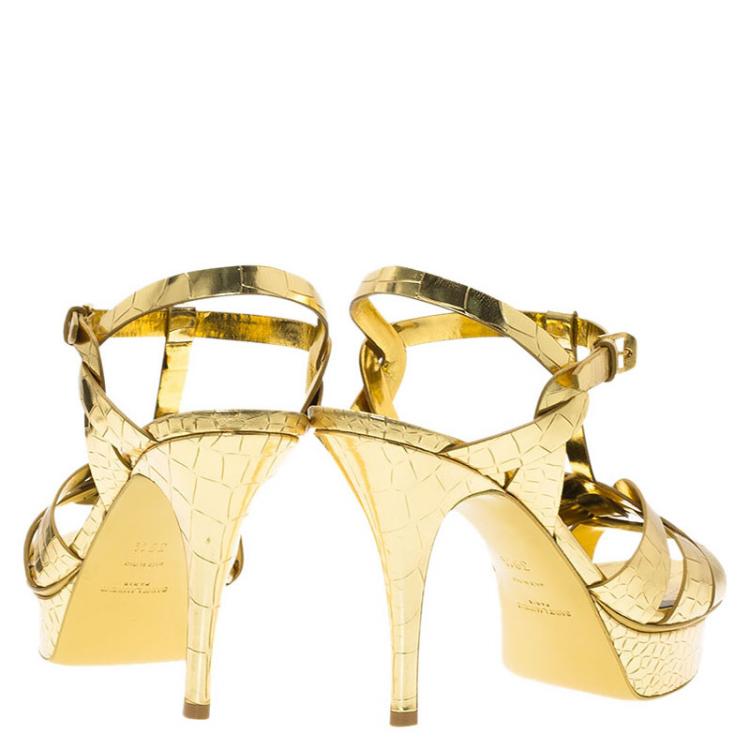 Pre Owned Saint Laurent Paris Gold Croc Embossed Leather Tribute Platform Sandals Size 39.5