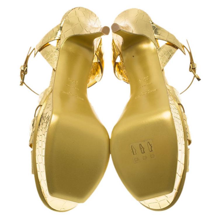 Pre Owned Saint Laurent Paris Gold Croc Embossed Leather Tribute Platform Sandals Size 39.5