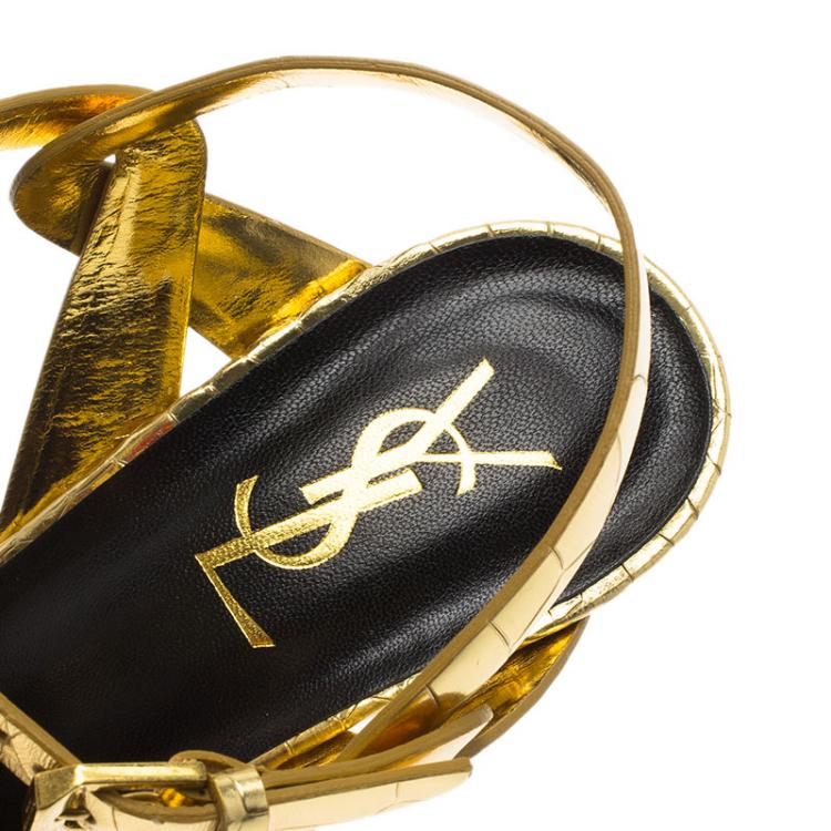 Pre Owned Saint Laurent Paris Gold Croc Embossed Leather Tribute Platform Sandals Size 39.5