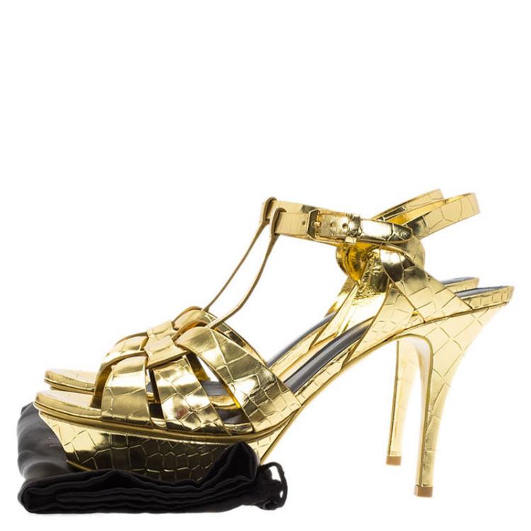 Pre Owned Saint Laurent Paris Gold Croc Embossed Leather Tribute Platform Sandals Size 39.5