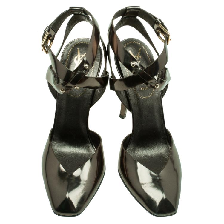 Pre Owned Saint Laurent Paris Bronze Metallic Leather Ankle Strap Sandals Size 37