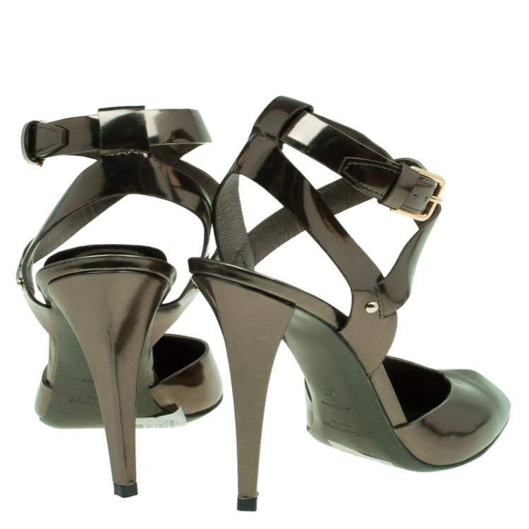 Pre Owned Saint Laurent Paris Bronze Metallic Leather Ankle Strap Sandals Size 37