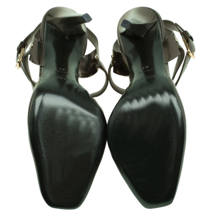 Pre Owned Saint Laurent Paris Bronze Metallic Leather Ankle Strap Sandals Size 37