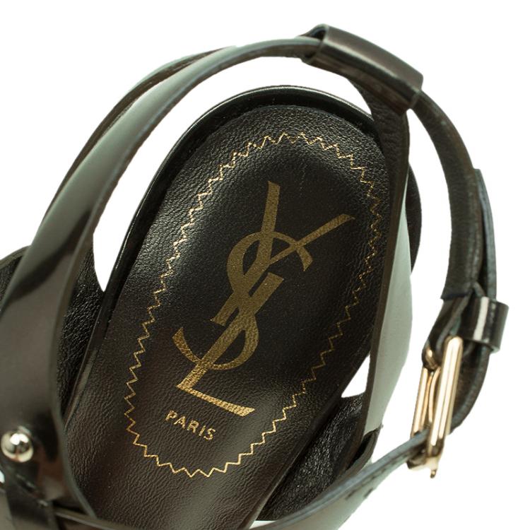 Pre Owned Saint Laurent Paris Bronze Metallic Leather Ankle Strap Sandals Size 37