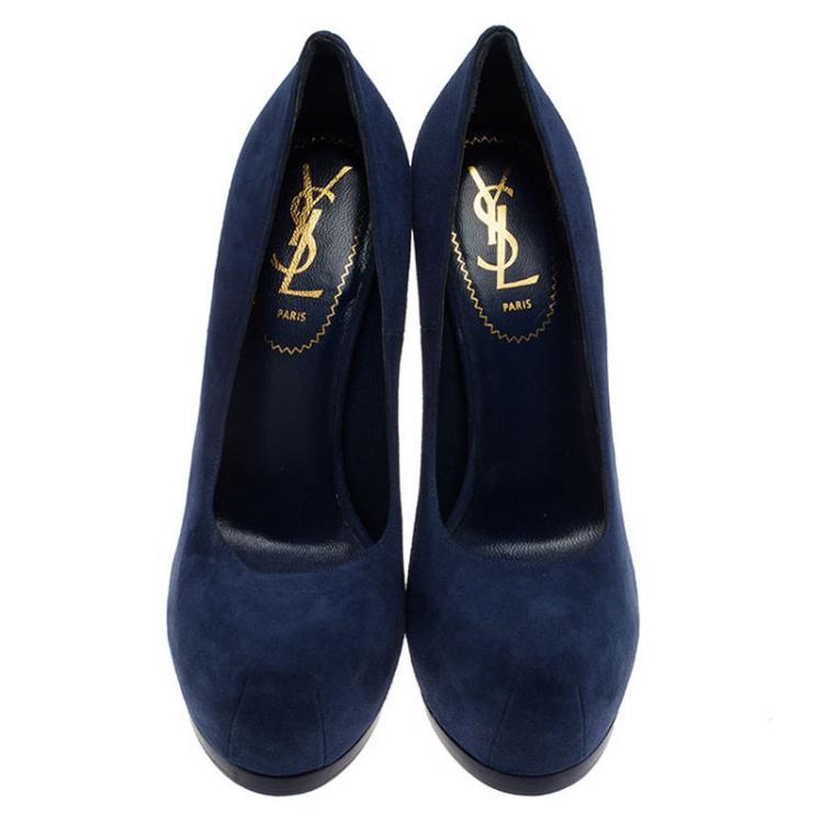 Pre Owned Saint Laurent Paris Blue Suede Tribtoo Platform Pumps Size 37