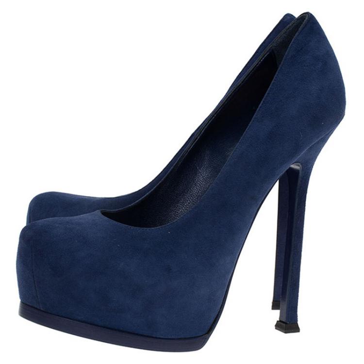 Pre Owned Saint Laurent Paris Blue Suede Tribtoo Platform Pumps Size 37