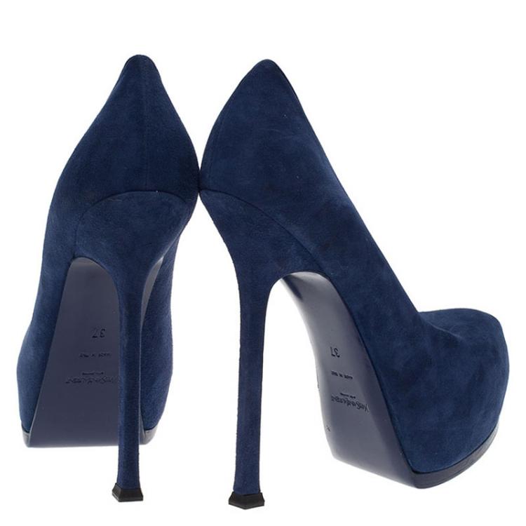 Pre Owned Saint Laurent Paris Blue Suede Tribtoo Platform Pumps Size 37
