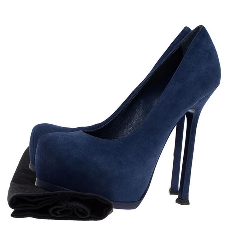 Pre Owned Saint Laurent Paris Blue Suede Tribtoo Platform Pumps Size 37