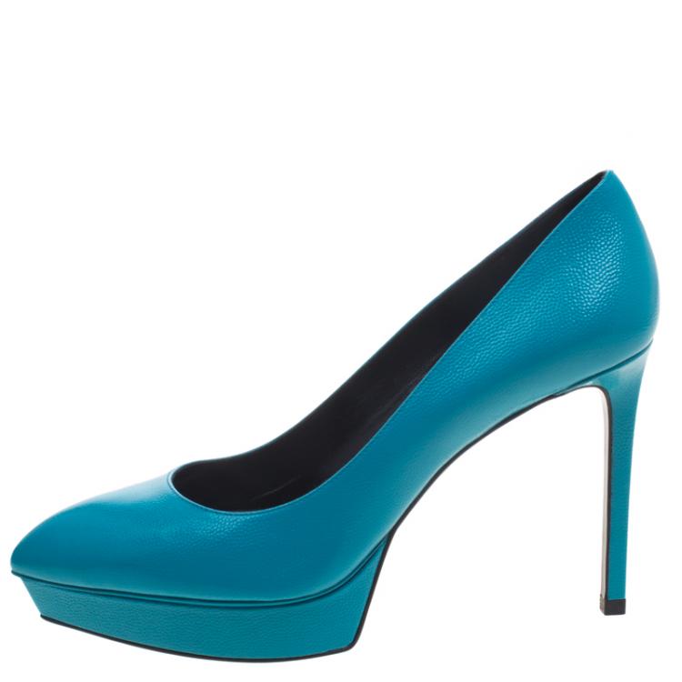 مملوكة مسبقًا Saint Laurent Paris Turquoise Leather Classic Janis Platform Pumps Size 38.5