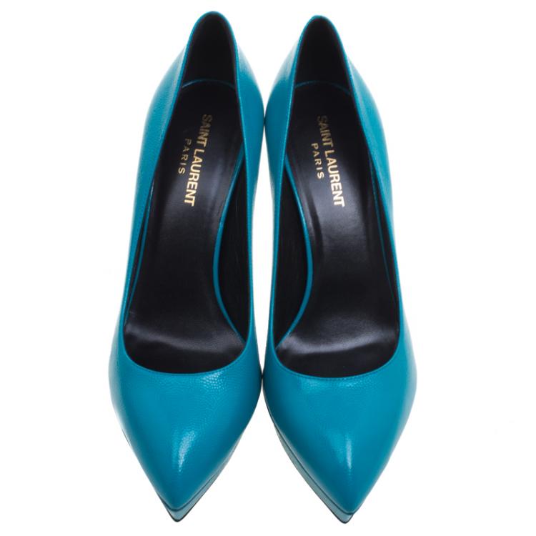 مملوكة مسبقًا Saint Laurent Paris Turquoise Leather Classic Janis Platform Pumps Size 38.5