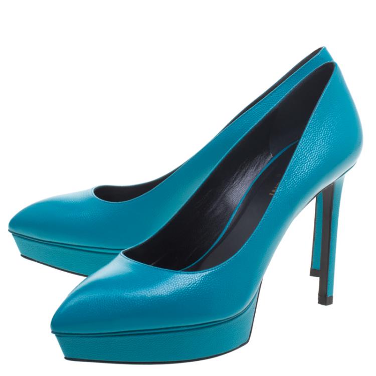 مملوكة مسبقًا Saint Laurent Paris Turquoise Leather Classic Janis Platform Pumps Size 38.5