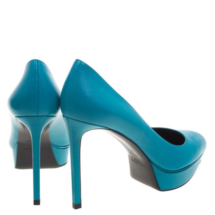 مملوكة مسبقًا Saint Laurent Paris Turquoise Leather Classic Janis Platform Pumps Size 38.5