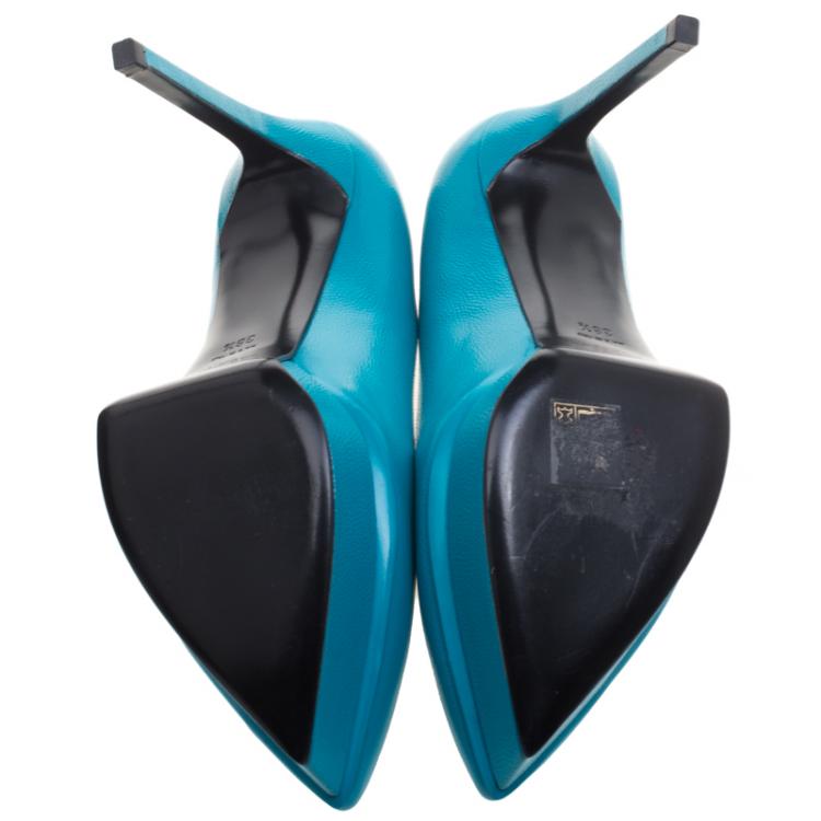 مملوكة مسبقًا Saint Laurent Paris Turquoise Leather Classic Janis Platform Pumps Size 38.5