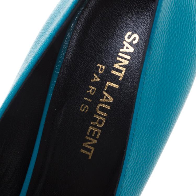 مملوكة مسبقًا Saint Laurent Paris Turquoise Leather Classic Janis Platform Pumps Size 38.5