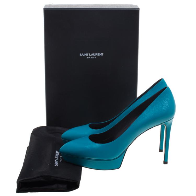 مملوكة مسبقًا Saint Laurent Paris Turquoise Leather Classic Janis Platform Pumps Size 38.5