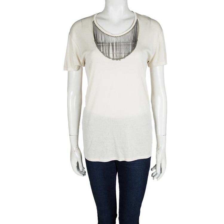 Pre Owned Saint Laurent Paris Cream Silk Jersey Chain Embellished Top M