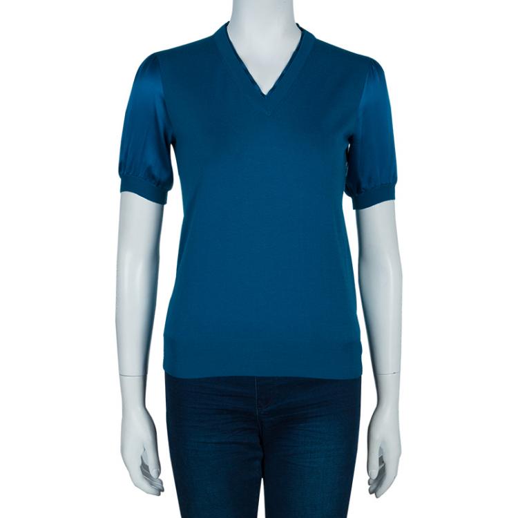 Pre Owned Saint Laurent Paris Turquoise Wool and Silk Short Sleeve Sweater S
